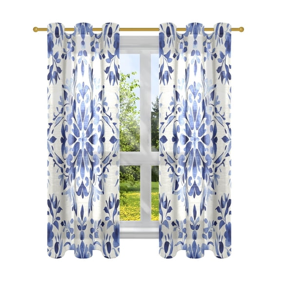 Window Curtain Panels Cotton Linen Decorative Curtains - Symmetrical Design Blue Flowers Art PatternWindow Shade Backdrops for Home Office Sunroom Country House