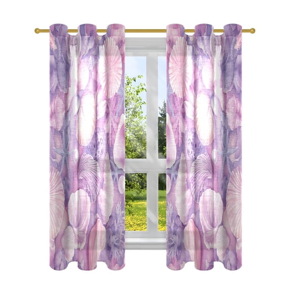 Window Curtain Panels Cotton Linen Decorative Curtains - Symmetrical Purple Shell Printed Window Shade Backdrops for Home Office Sunroom Country House