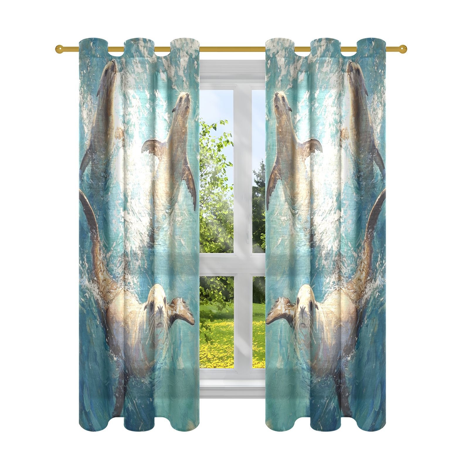 Window Curtain Panels Cotton Linen Decorative Curtains - Symmetrical Sea-lion Play on The OceanWindow Shade Backdrops for Home Office Sunroom Country House