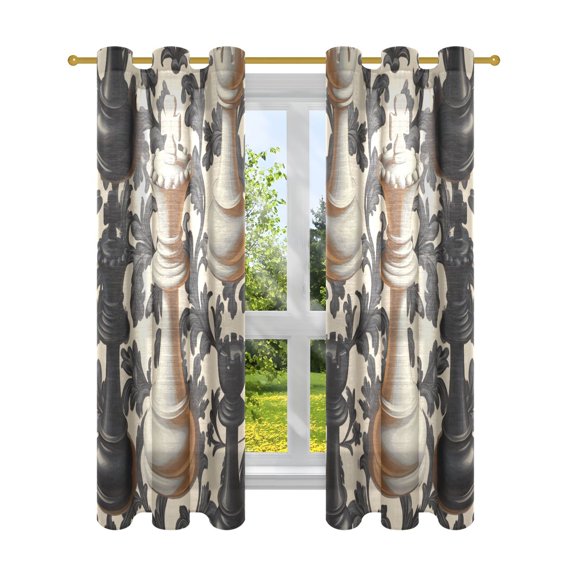 Window Curtain Panels Cotton And Linen Decorative Curtains - Symmetrical Window Shade Black and White Checkers Pattern Backdrops for Home Office Sunroom Country House