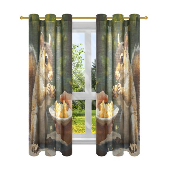 Window Curtain Panels Cotton And Linen Decorative Curtains - Symmetrical Window Shade Squirrel Eatting on The Table Backdrops for Home Office Sunroom Country House