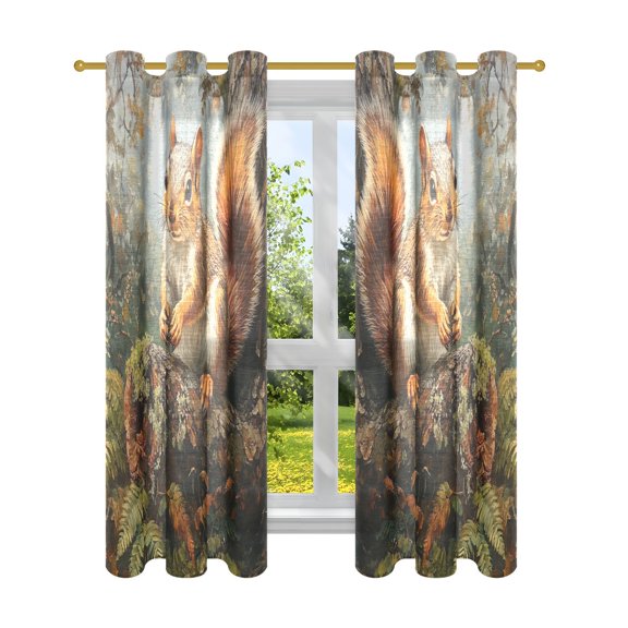 Window Curtain Panels Cotton Linen Decorative Curtains - Symmetrical Cute SquirrelWindow Shade Backdrops for Home Office Sunroom Country House