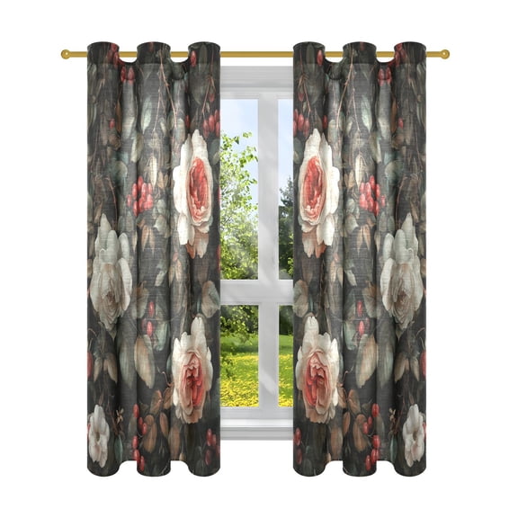 Window Curtain Panels Cotton Linen Decorative Curtains - Symmetrical Flower Painting Window Shade Backdrops for Home Office Sunroom Country House