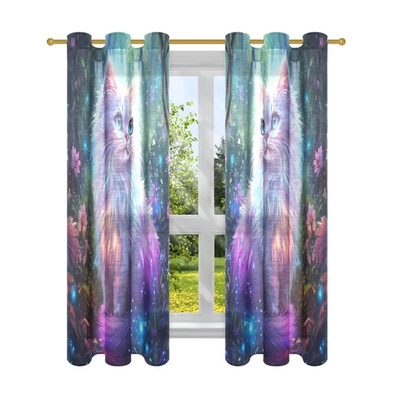 Window Curtain Panels Cotton Linen Decorative Curtains - Symmetrical White Cat with Flowers Window Shade Backdrops for Home Office Sunroom Country House