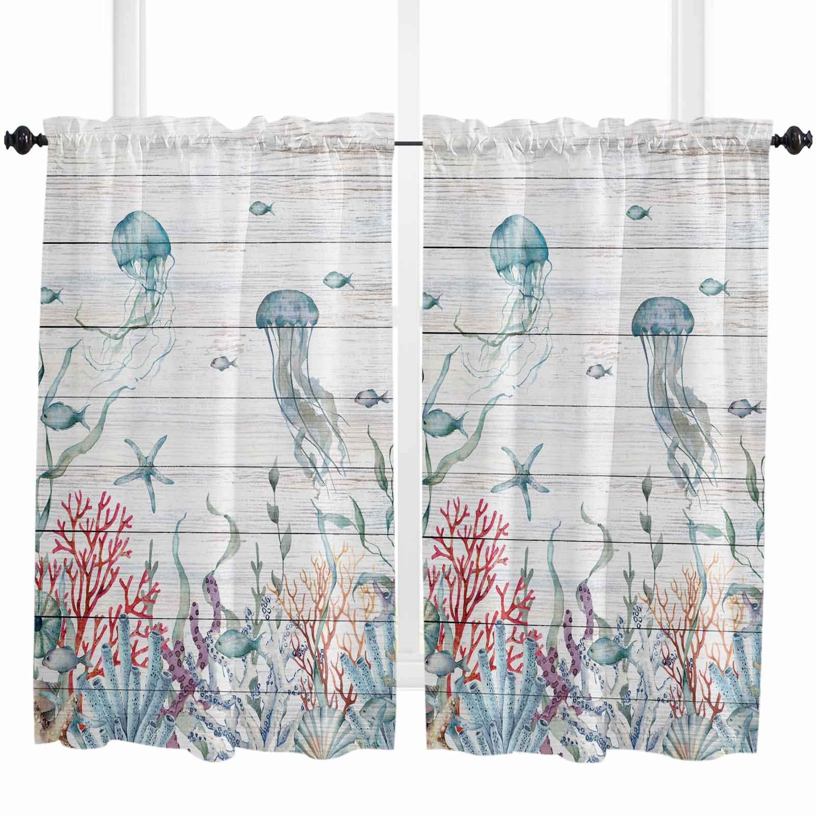 Window Curtain Panels Set of 2, Ocean Coral Seaweed Jellyfish Rod