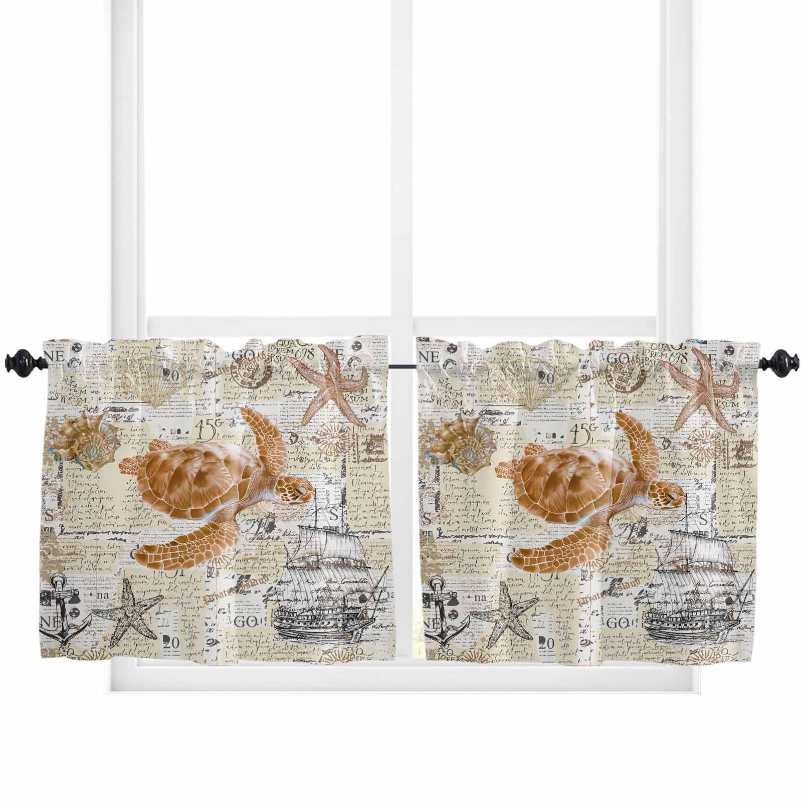 Window Curtain Panels Set of 2, Vintage Nautical Turtles Ocean Rod