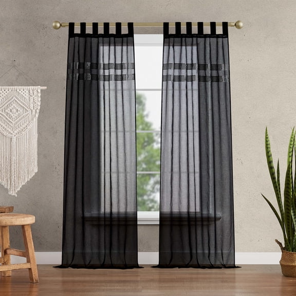 Window Curtain Panels with Tiebacks by Jessica Simpson, Sheer Faux Linen Tab Top, Black, 38" x 84"