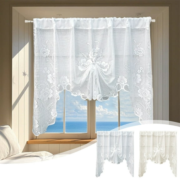 Window Curtain,Pull Style Drape,Lace Window Cover Easy Lift Control Semi Transparent Fabric For Kitchen Partition Window And Home Decoration(Beige)