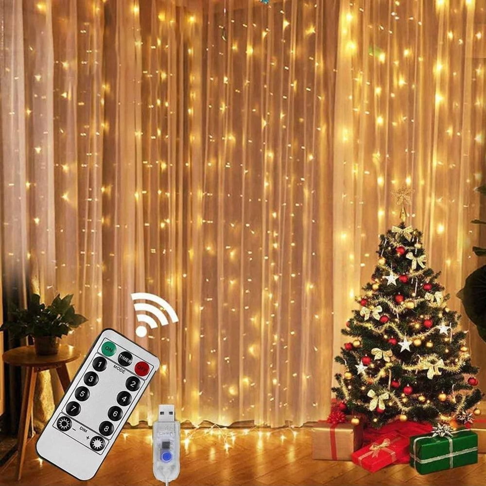 Window Curtain String Light, 300 Waterproof LED Twinkle Lights, 8 Modes Fairy Lights USB Remote Control Lights for Christmas Bedroom Party Wedding Home Garden Wall Decorations(9.9x9.9 Ft) - image 1 of 9