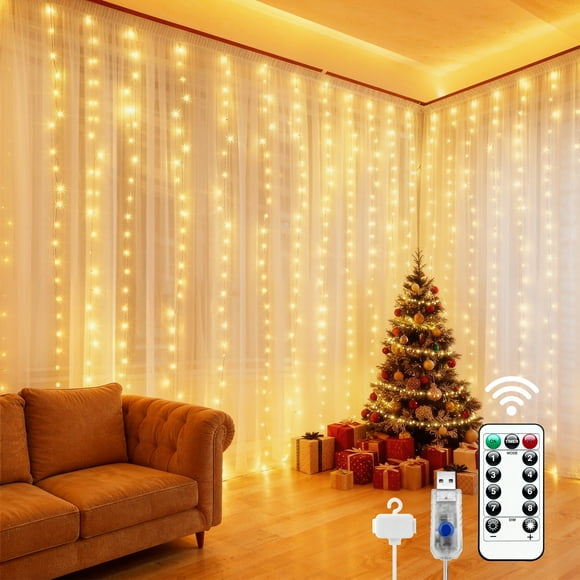 9.9x9.9ft Window Curtain String Light, 300 Waterproof LED Twinkle Lights, 8 Modes Fairy Lights USB Remote Control Lights for Christmas Bedroom Party Wedding Home Garden Wall Decorations