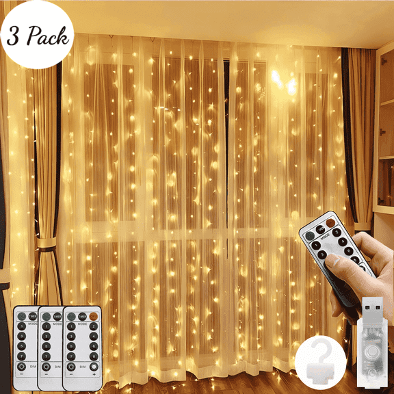 3 Pack Curtain Lights,900 LED Bedroom Curtain Lights,8 Modes Curtain Lights Fairy Warm White,USB Remote Control Lights for Wall Party Garden,9.9 x 9.9 ft