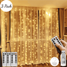 3 Pack 900 LED Curtain Lights, 9.9ft × 9.9ft Warm White Curtain String Lights, 8 Modes Twinkle Lights with Remote, USB Hanging Curtain Lights for Bedroom, Window, Wedding, Party