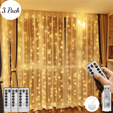Curtain Lights,3 Pack 900 LED Bedroom Curtain Lights,8 Modes Curtain Lights Fairy Warm White,USB Remote Control Lights for Wall Party Garden,9.9 x 9.9 ft