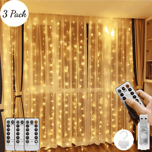 Curtain Lights,3 Pack 900 LED Bedroom Curtain Lights,8 Modes Curtain Lights Fairy Warm White,USB Remote Control Lights for Wall Party Garden,9.9 x 9.9 ft