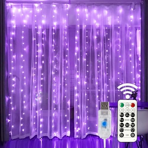 Window Curtain String Lights, 300 LED 8 Lighting Modes Fairy Copper Light with Remote, USB Powered for Halloween Christmas Bedroom Party Wedding  Garden Wall Decorations, Purple