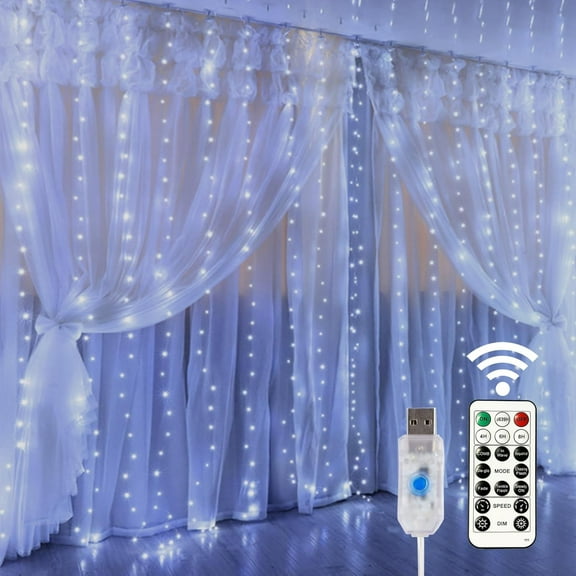 Window Curtain String Lights, 300 LED 8 Lighting Modes Fairy Copper Light with Remote, USB Powered Waterproof for Christmas Bedroom Party Wedding Home Garden Wall Decorations, Cool White