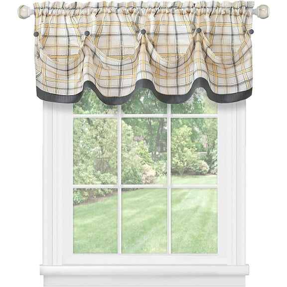 Window Curtain Valance, Double Layer Plaid Gingham Design, Button Tab Top Window Valance, Gray, 58" W x 14" L