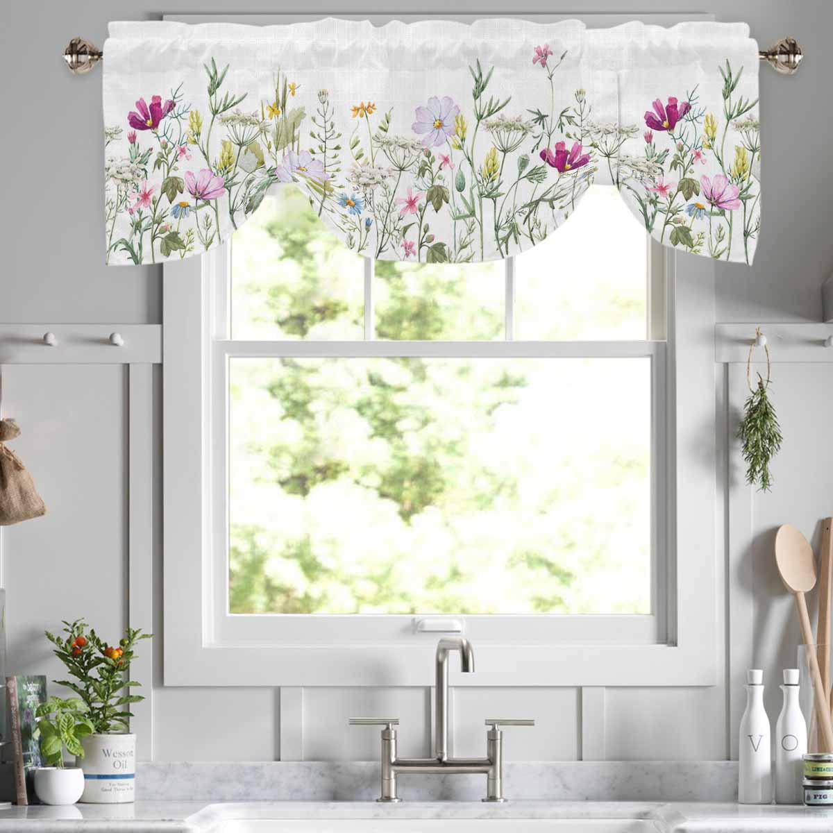 Rustic Valance Window Curtain Valance Floral Rustic Rod Pocket Linen Tie up Valance 54 ...