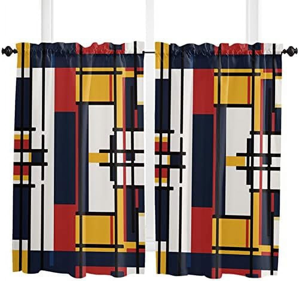 Window Curtains 54 Inches Long Set of 2 Panels Geometric Line Rod Pocket Kitchen Curtains Navy