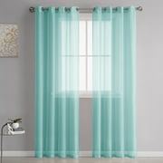 Window Curtains Elegant Grommet Semi Sheer Top Voile Panels/Drapes/Treatment Aqua Blue Linen Textured for Bedroom Living Room Decor 39.3x98.4in