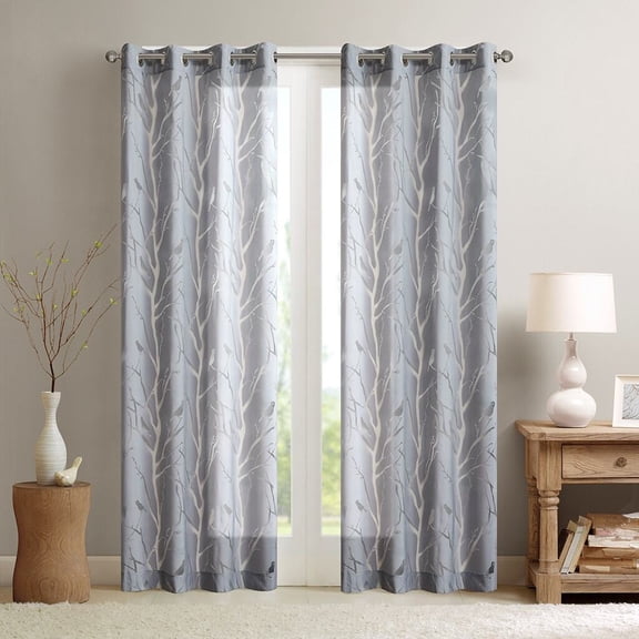 Window Curtains, Grommet Top Sheer Bird on Branches Burnout Window Curtain(Only 1 Pc Panel), Grey Blackout Curtains,Polyester Curtain Rod, Household Supplies & Décor Curtains