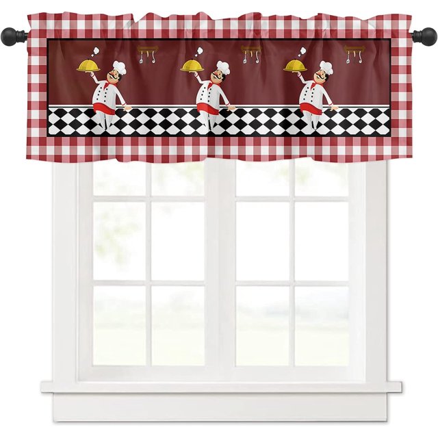 Window Curtains Valance Rod Pocket Curtain Drapery for Living Room Kitchen Bathroom Cartoon Chef Buffalo Plaid Soft&Washable Small Window Treatment Tiers Valances Farmhouse Style 1 Panel