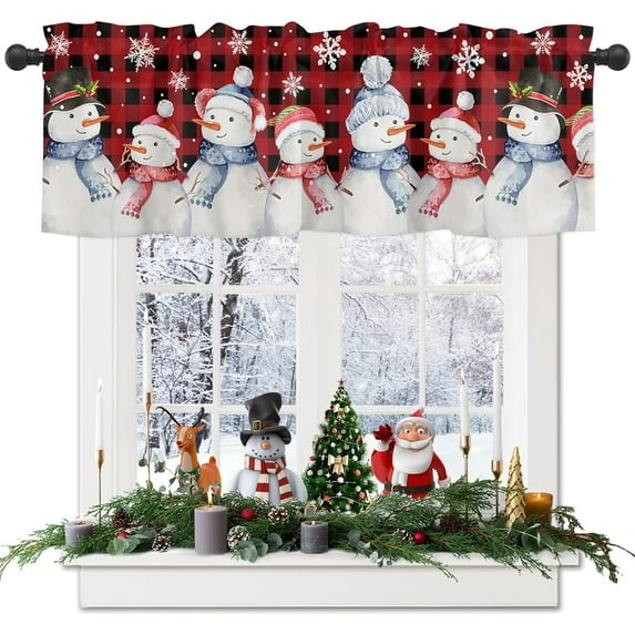 Window Curtains Vanlance Rod Pocket Curtain Drapery for Living Room Kitchen Bathroom, Merry Christmas Snowman, Soft&Washable Small Window Treatment Valances, Red Buffalo Plaid, 1 Panel, 54x18inch