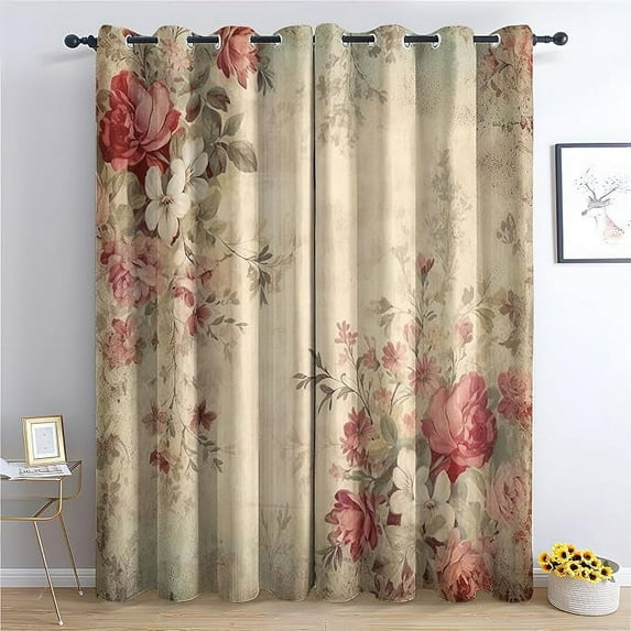 Window Curtains, Vintage Floral Curtains For Bedroom Living Room, Flower Blackout Curtains For Home Decor - Thermal Insulated Grommet Drapes 53"W x 63"L (Pack of 2)