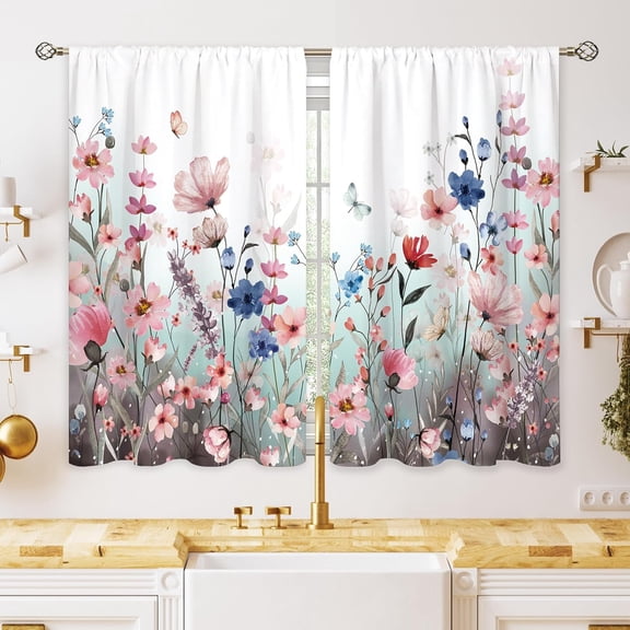 Window Curtains Watercolor Pink Blue Wild Floral Butterfly Print Rod Pocket Drapes for Kitchen Bedroom Aesthetic Home Decoration