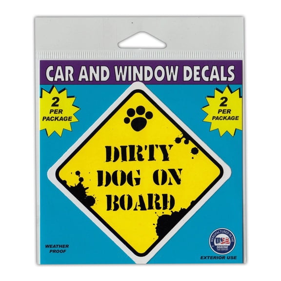 Window Decals, 2-Pack, Caution Dirty Dog On Board, 3" x 3" Vinyl Stickers