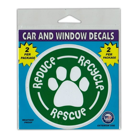 Window Decals, 2-Pack, Reduce, Recycle, Rescue Dog/Cat Paw, 4" Diameter Vinyl Stickers