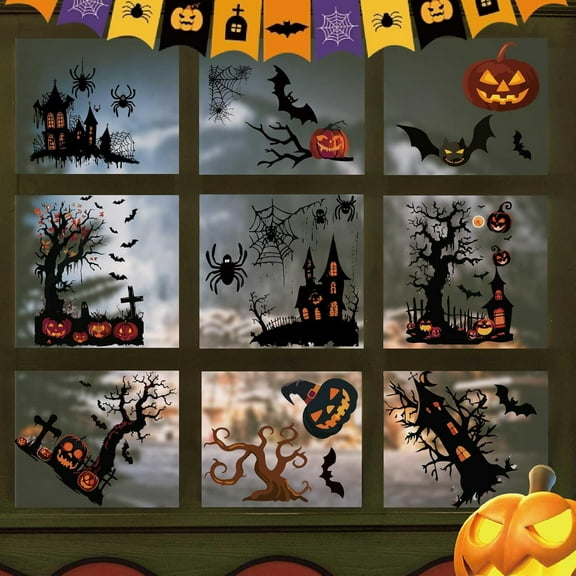 Window Decals Self-Adhesive 8 Sheets PVC Waterproof Pumpkin Bats Spooky Ancient Castle Tree Web Wall Stickers Peel and Stick Window Clings for Home Living Room Party Decor
