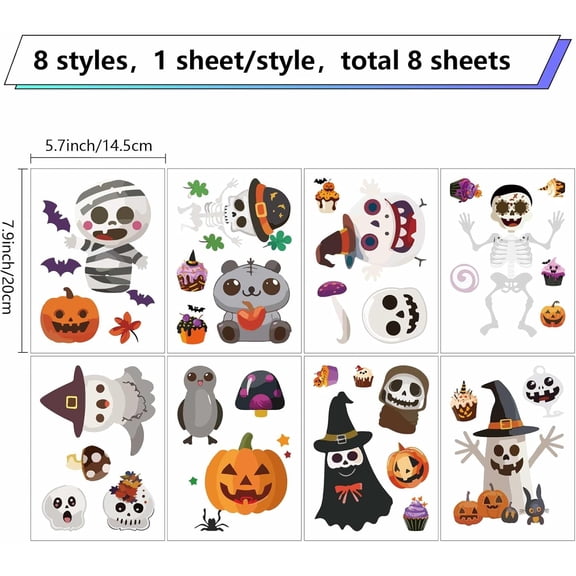 Window Decals Self Adhesive 8 Sheets Peel and Stick PVC Pumpkin Witches Hat Skull Ghost Window Stickers 8 Styles Waterproof Cute DIY Art Wall Clings for Home Living Room Party Decor