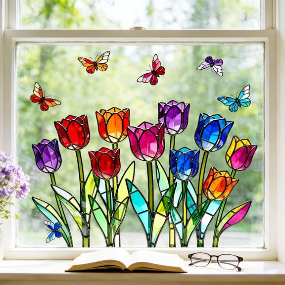 Window Decals Stained Glass Tulip Butterfly Colorful Floral Window Clings 16x11 Inch