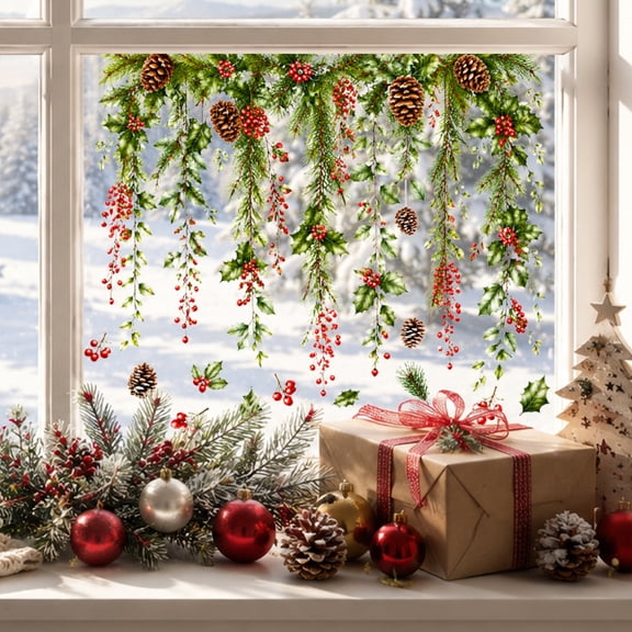 Window Decals, Static Cling Holiday Window Stickers with Pine Branches, Holly Berries and Pinecones, Reusable Winter Window Decorations for Home, Party and Seasonal Decor