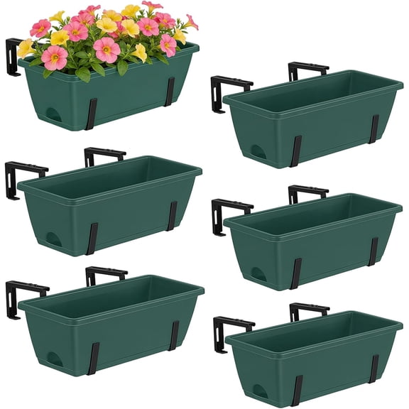 Window Deck Railing Planter Box for Outdoor 6 Pack 17 Inch Deck Railing Planter Boxes Plastic Hanging Flower Planters Box with Adjustable Brackets Green