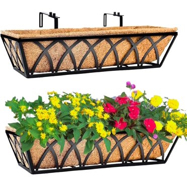 2-Pack Black Metal Window Box Planters With Coconut Liners - 30 Inch Railing Planters For Deck & Balcony