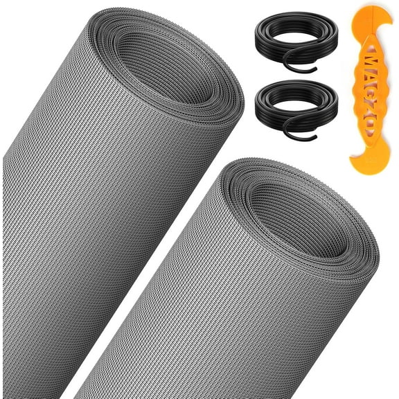 Window & Door Screen Replacement Kit, with Retainer Spline and Press-Fit Roller Tool, Scratch-Proof Polyester Mesh Roll Repair for Patio, Grey