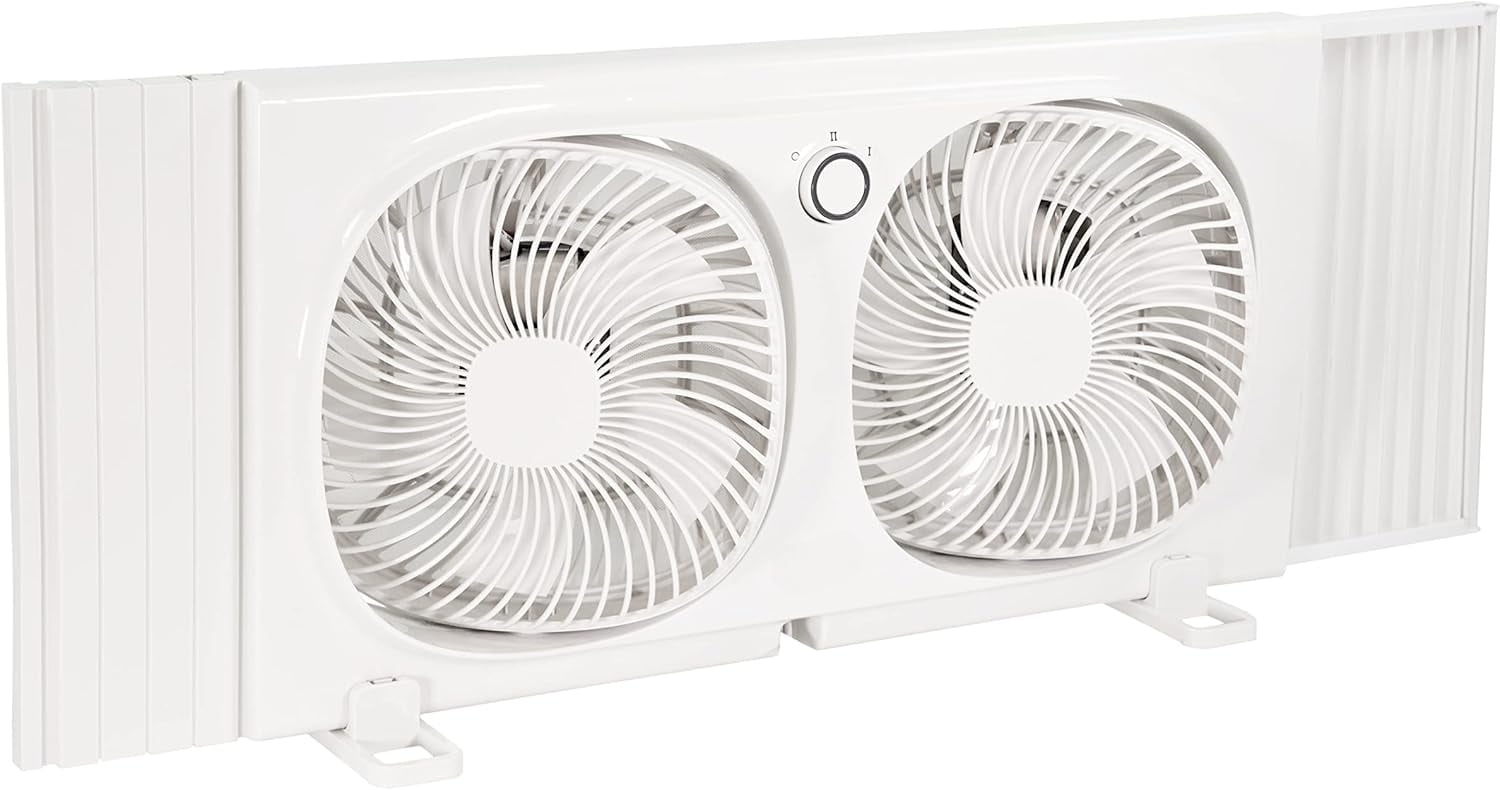 Window Fan for Bedroom, 9 inch 2 Speed Individual 180 Degree Rotating Fan Heads, Auto-Locking Expanders, Window Exhaust Fan, Removeable Bug Screen, White