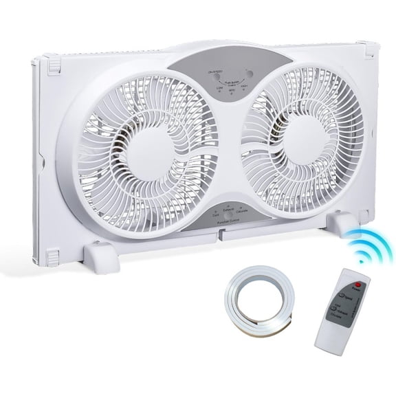 Window Fan Reversible Airflow, 9" Dual Window Fan with 3-Speed 3 Modes (Cool, Circulate, Exhaust), Remote Control Twin Window Fan 23.5" to 37" Adjustable Width for Bedroom, Kitchen, Home