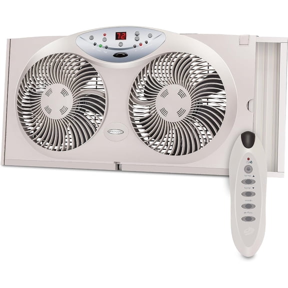 Window Fan with Reversible Airflow Blades 3-Speed Settings, Programmable Thermostat, LED Display, Remote Control, Fits 2436" Windows, No Assembly Required