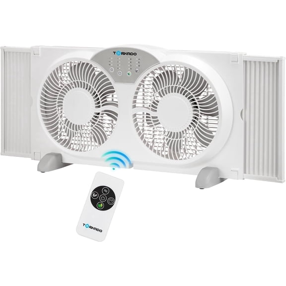 Tornado 9 Inch Dual Window Fan with 8-Hour Timer and 3-Speed Settings, 23.5-36 Inch Expandable, 3 Function Modes (Cooling/Exhaust/Circulation), Detachable Base, Remote Control Window Fan for Home