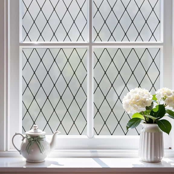 Window Film - Frosted Glass Tint, Black Lattice Sun Block, 17.3x78.7 inches