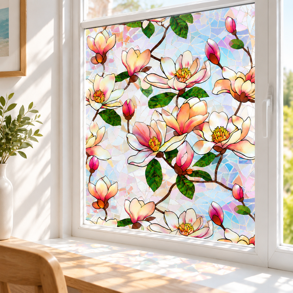 Window Film Pink Magnolia 35.4 x 78.7 Inch Decorative Static Cling for ...