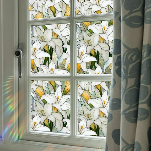 Window Film Privacy, Adsorption Electrostatic Window Stickers with Thermal Insulation and Shading function, Plant Flower Pattern Decorative Window Clings for Front Door, Bathroom, Glass Door