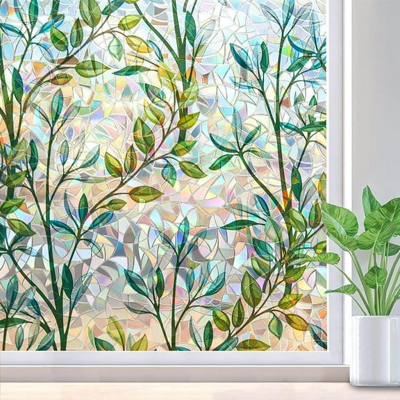 Window Film Privacy Covering, 3D Glue-Free Stained Glass Window Clings, Static Glass Sticker for Home, Green Leaves, 17.5 In x 6.5 Ft (45 x 200cm)