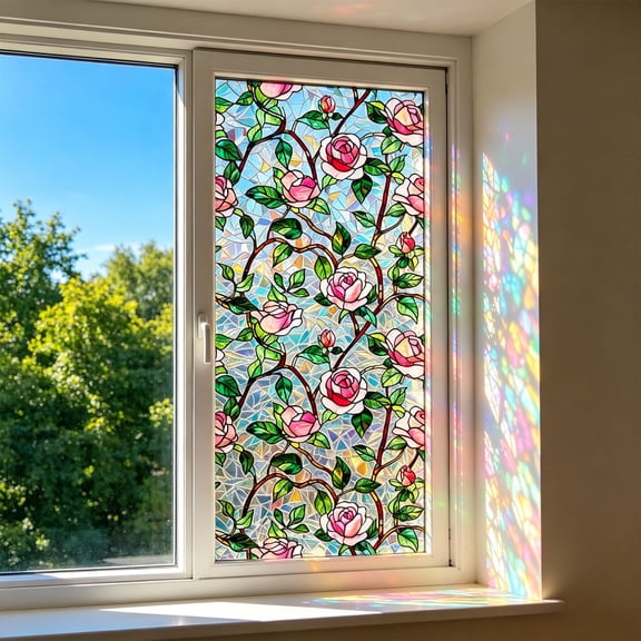 Window Film,Privacy Sticker,Colorful Floral Static Cling Film,Reusable Decorative Sheet For Glass Door And Window