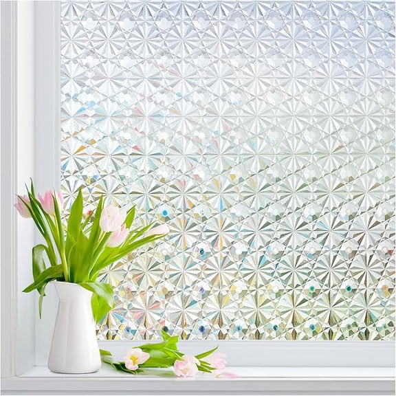 3D Diamond Frosted Glass Window Privacy Film, Static Cling No-Glue Removable Vinyl, UV Blocking Heat Control Renter-Friendly Decorative Covering for Bathroom Bedroom Door