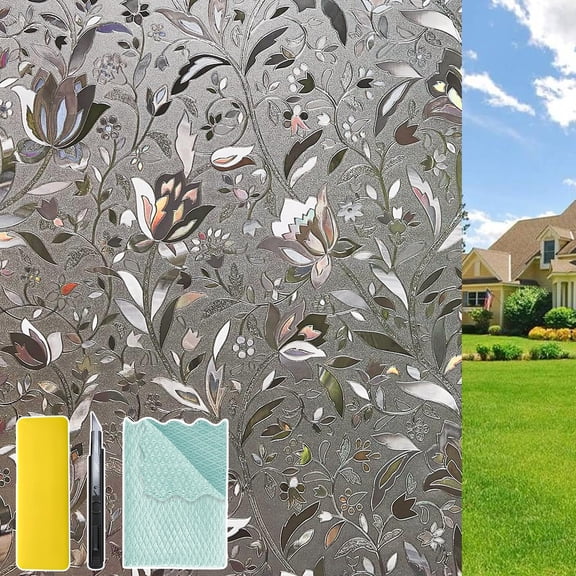 Window Film With Installation Tools Frosted Glass Heat Control Clings Vinyl Covering For Home (grayish Black Tulip 17.7 X 78.7 Inch)