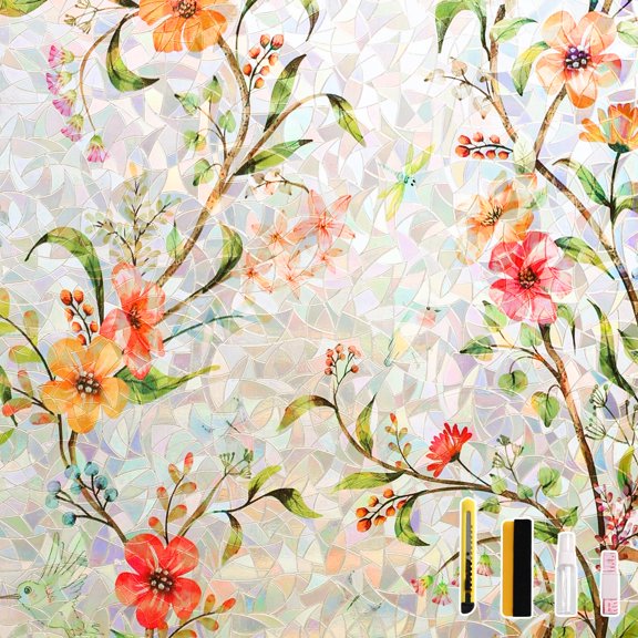 Window Film With Static Cling & 3d Rainbow Effect Floral Stained Glass Pattern For Home Decor Heat And Uv Blocking Non-adhesive 23.6 X 78.7 Inch